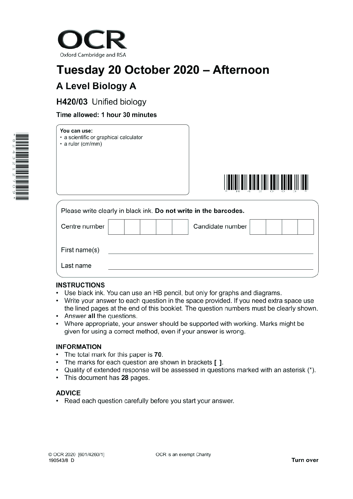 Preview image for Biology A H420/03: Unified biology Advanced GCE QUESTION PAPER 2020